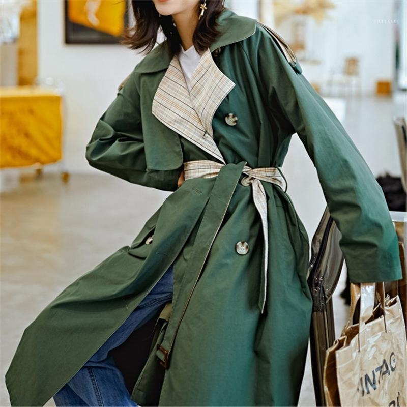 

Women' Trench Coats 2022 Autumn Winter Plaid Adjustable Waiast Green Patch Work Turn-down Collar 3D Print High Quality Empire Women Coat, As the picture