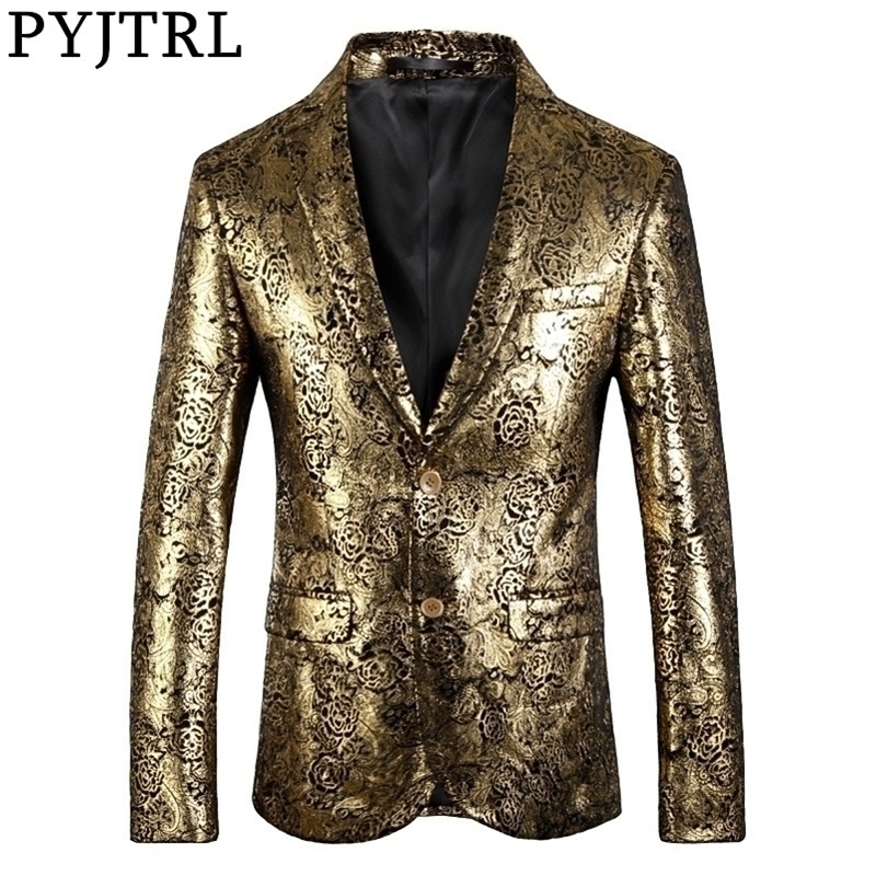 

PYJTRL Blazer Men Luxurious Rose Gold Pattern Slim Fit Dress Blazers Party Prom Suit Jacket Singers Clothing 201104, Picture color