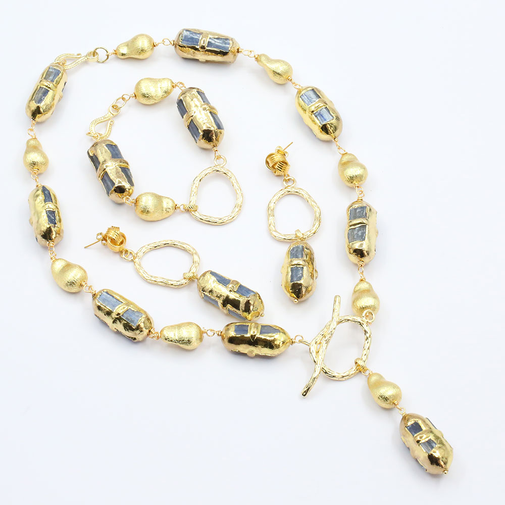 

Natural Blue Kyanite Electroplated Edge Gold Plated Brushed Bead Wrap Necklace Earrings Sets For Women, Light green