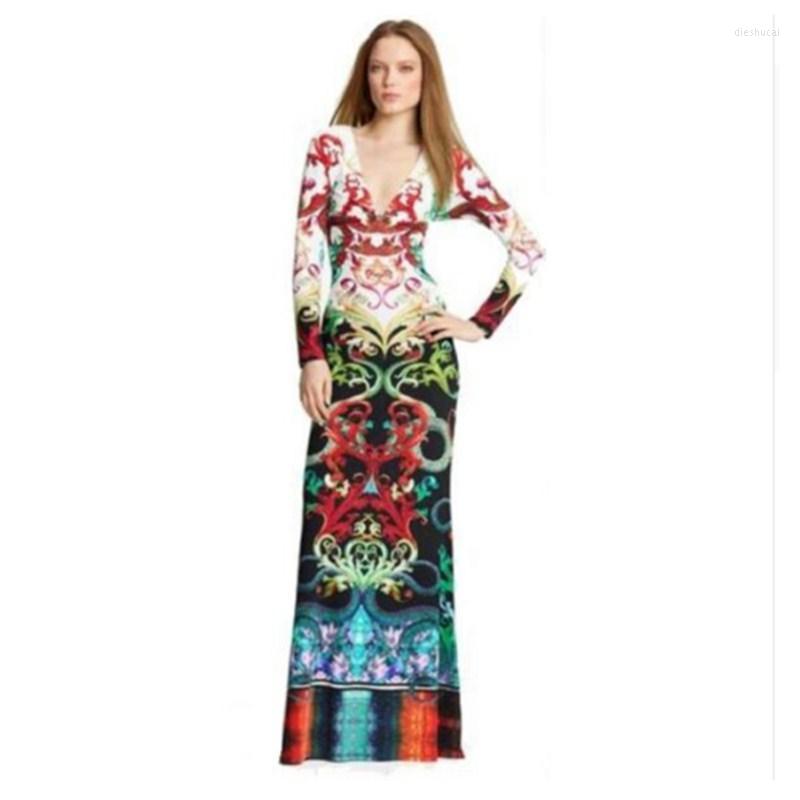 

Casual Dresses Fashion Women' Long Sleeve Sexy V Neck Snake Printed Sheath Maxi Jersey Silk Drsses, As pic