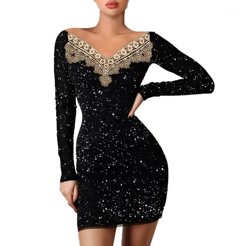 

Casual Dresses Floral Lace Sequins Party Night For Women Elegant Deep V Neck Long Sleeve Evening Bodycon Sheath Glitter Vestidos Robes, Black