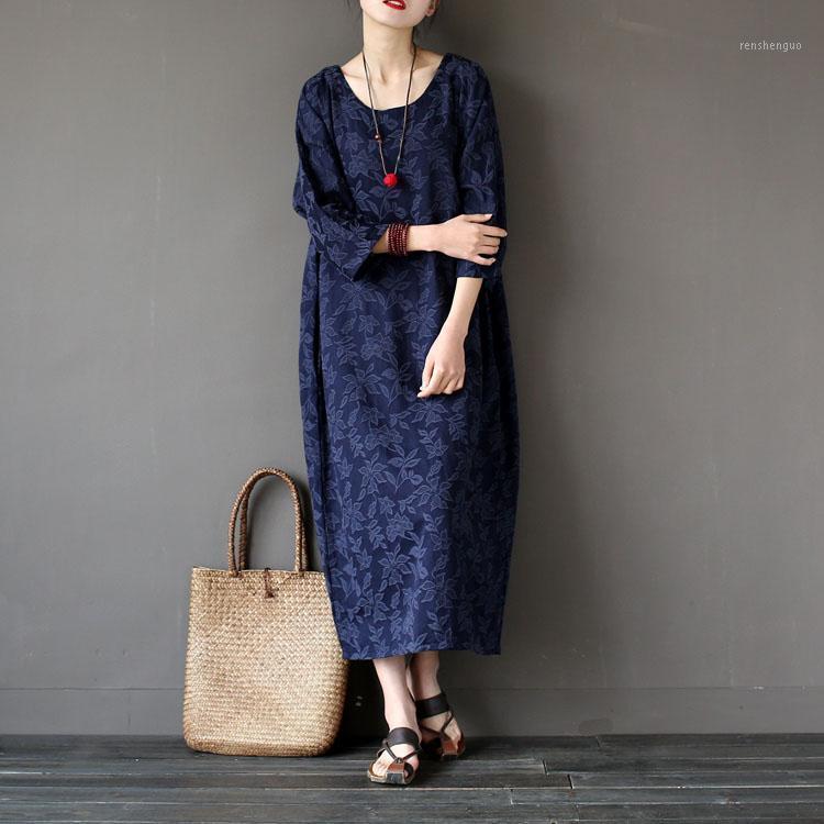 

Casual Dresses Women Vintage Print Original Cotton And Linen National Embroidery Loose Long Dress Robe O Neck For, Red