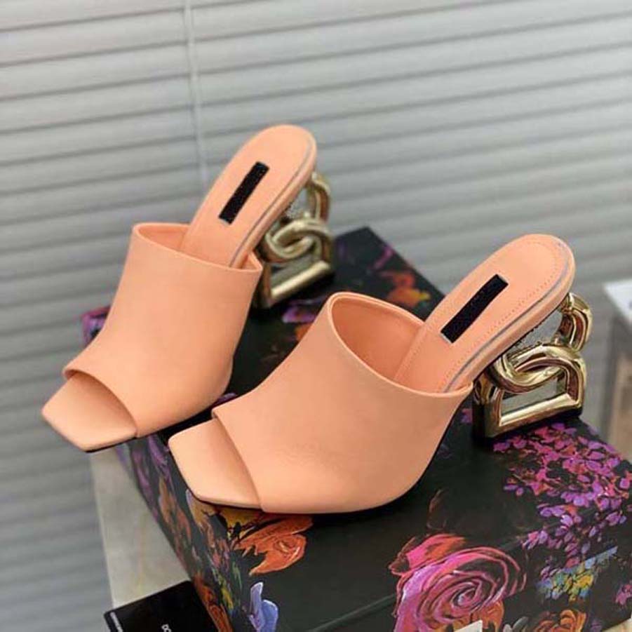 

Women heels shoes Sandals fashion Thick bottom slippers Alphabet lady Leather High heel shoe slides 02, #9