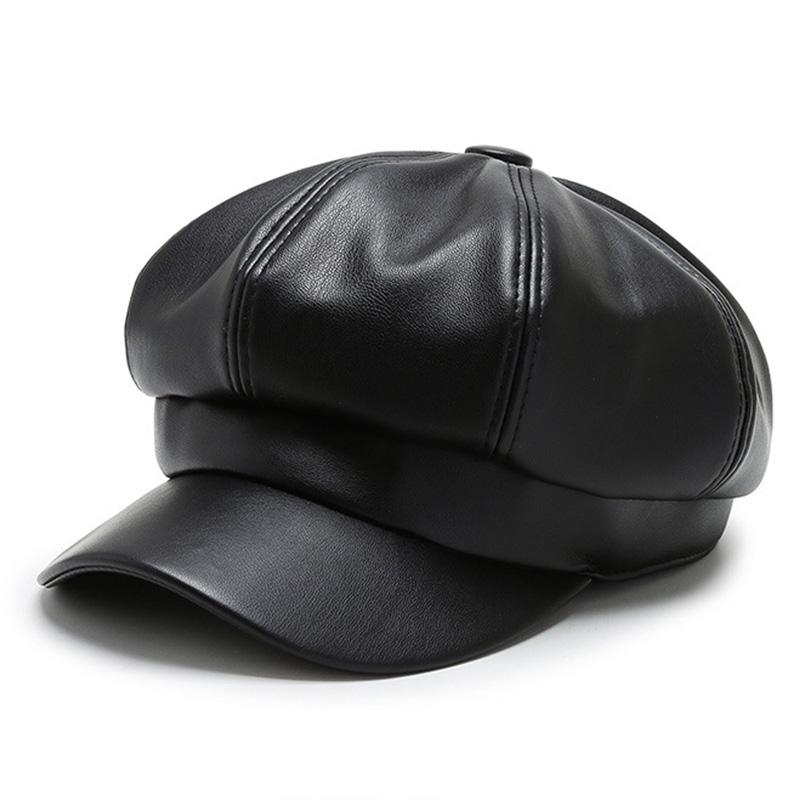 

Berets Fashion Solid Octagonal Cap Hats Female Autumn Winter Leather Panama Stylish Artist Painter Sboy Caps Beret Woman HatBerets, Black