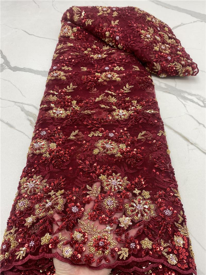 Ribbon PGC 2022 High Quality African Handmade Beaded Lace Fabric Wine French Embroidery For Nigerian Wedding Party LY229-3-image-761993714