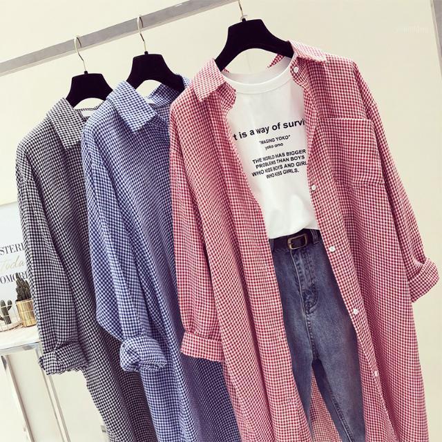 

Women's Blouses & Shirts 2022 Women Fashion Summer Loose Thin Long Sleeve Blouse Female Lapel Plaid Pocket Sun-protective Kimono Cardigan L4, Blue