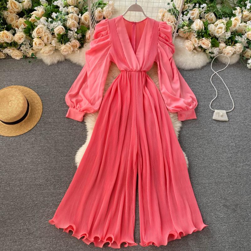 

Runway Dresses Vintage Sexy V-neck Jumpsuit Women 2022 Autumn Fashion Puff Sleeve Slim Waist Bodysuit Fungus Patchwork Wide Leg Pants, Same as picture