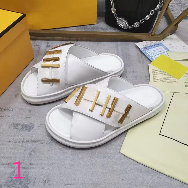 

Top designer slippers Pink Black White Leather Sandals wide cross with gold metal text flats size 35-42 with box
