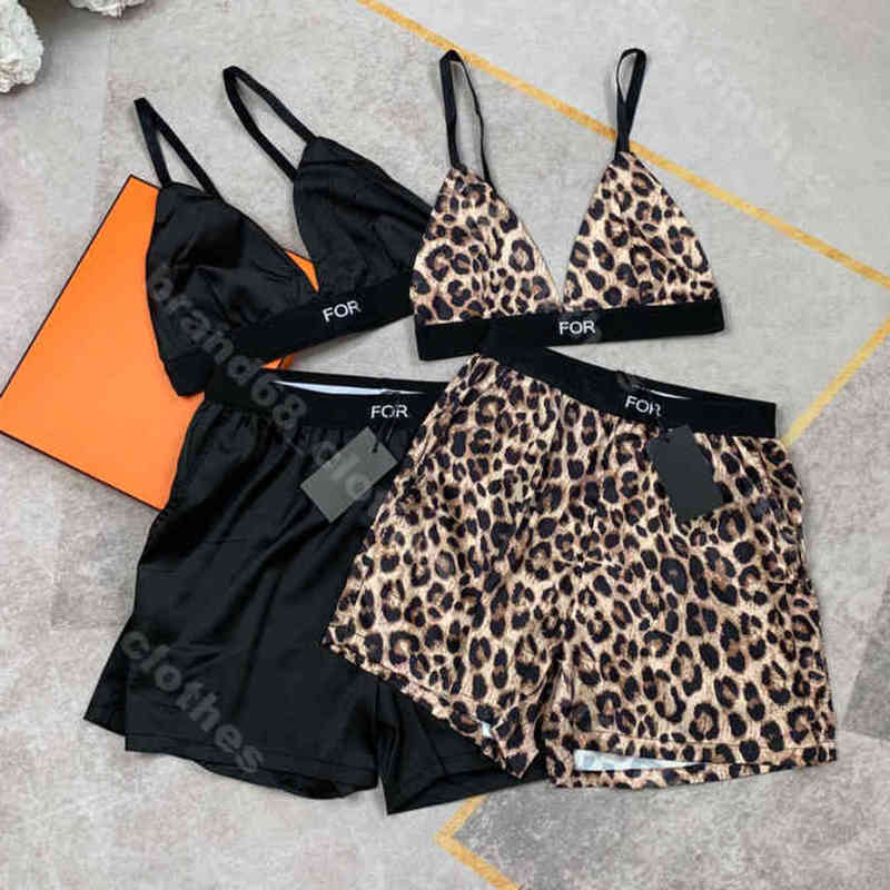 

women sexy leopard print underwear shorts two piece pants high quality seamless silk bra set casual sports fitness yoga camisole legings logo f..di brand clothes a1