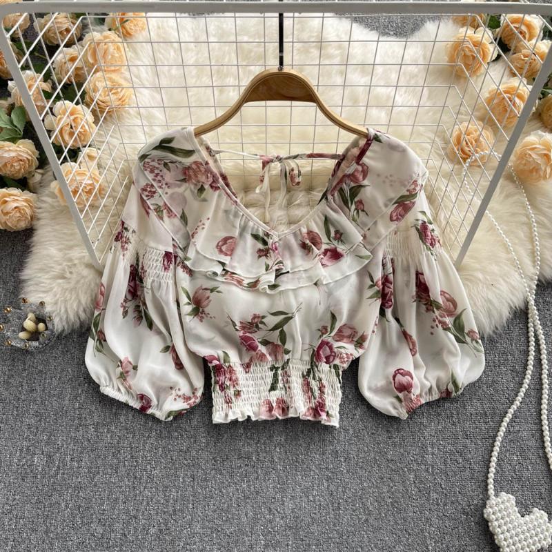 

Women's Blouses & Shirts Vintage Floral Ruffle V Neck Blouse Korean Fashion Casual Crop Top Femme Blusas Elegant Summer Women ClothesWomen's, White