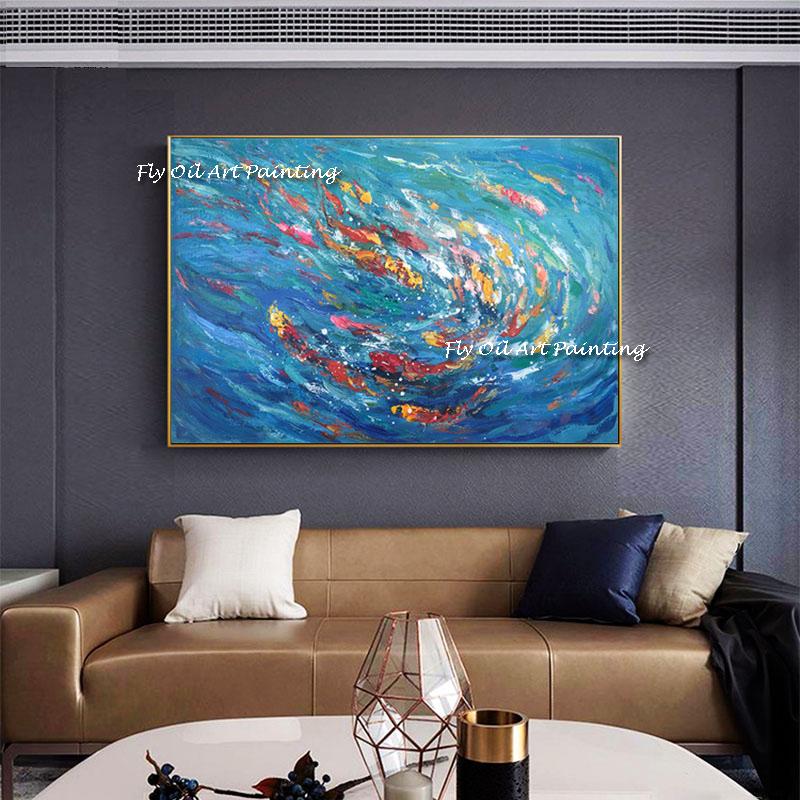 

Paintings 100% Handmade Abstract Luck Fish Nature Pretty Blue Canvas Oil Painting Wall Art Picture For Living Room Modern Home Decor
