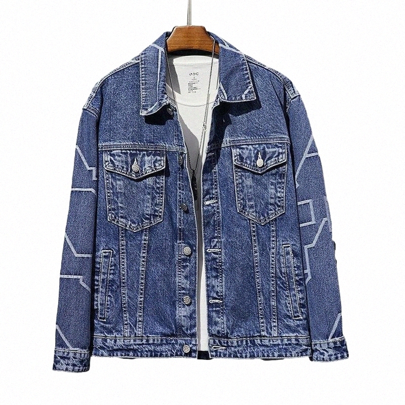 

men's Jackets DenimJacket 2021 Printed Loose Casual Embroidery Long-Sleeved Trendy Denim Jacket Coat H8fu#, Blue