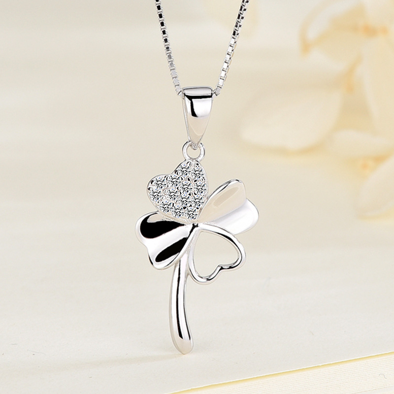

Four Leaf Clover Sterling Silver Necklace Smiley Diamond Luxury Crown Jewelry