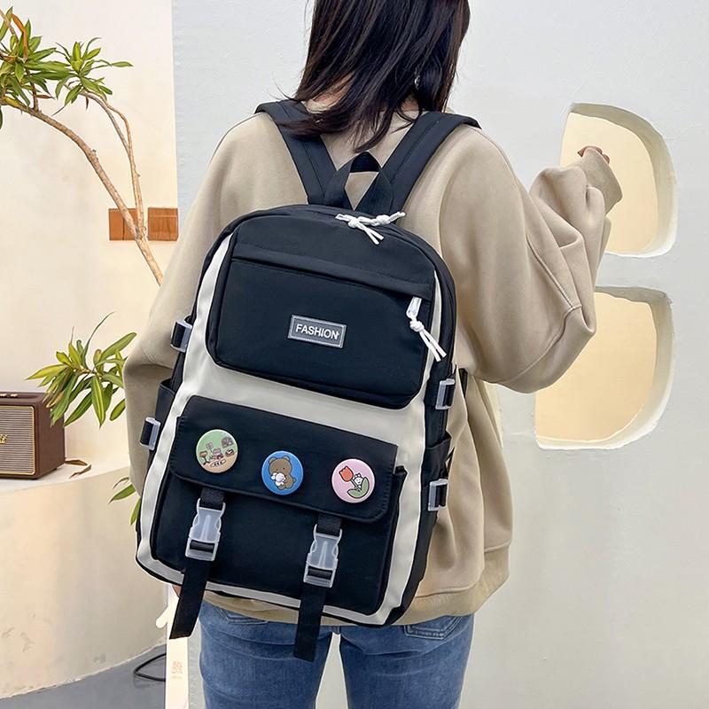 

School Bags Harajuku Women Backpack Trend Badge Bag For Girls Large Capacity Contrast Color Bookbags Waterproof Travel 2022, Black