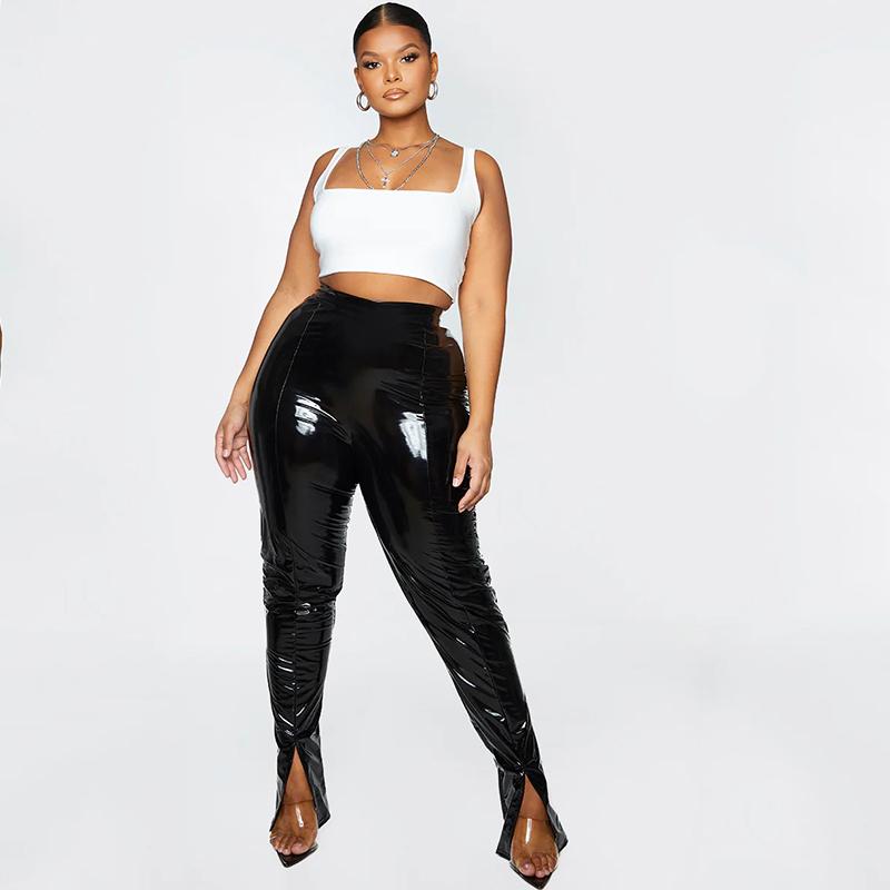 

Women's Plus Size Pants High Waist Faux Latex Trousers Women Bodycon Leather Pencil Hem Split Ladies PVC Clubwear 5xl 6xl 7xl 8xl CustomWome, Black
