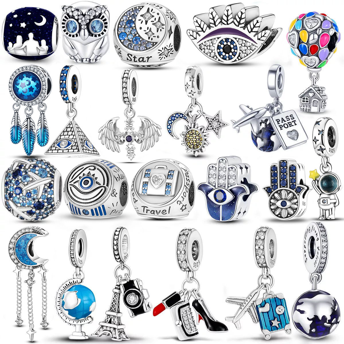 925 Argent Charme Perles Dangle Star Eyes Fatima Hamsa Main Lune Avion Voyage Perle Fit Pandora Charms Bracelet DIY Bijoux Accessoires