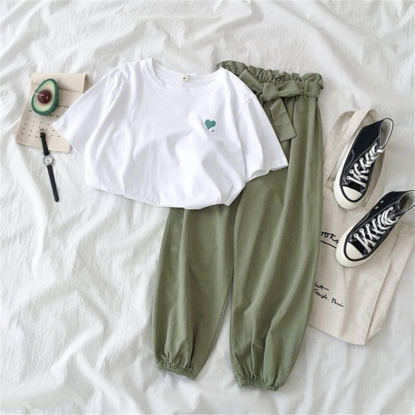 

Summer New Female Tracksuits Fashion Clothes Casual Loose White Tops And Pant 2 Piece Sets Women Students Girls Sweet Sportswear T200704, Solid black