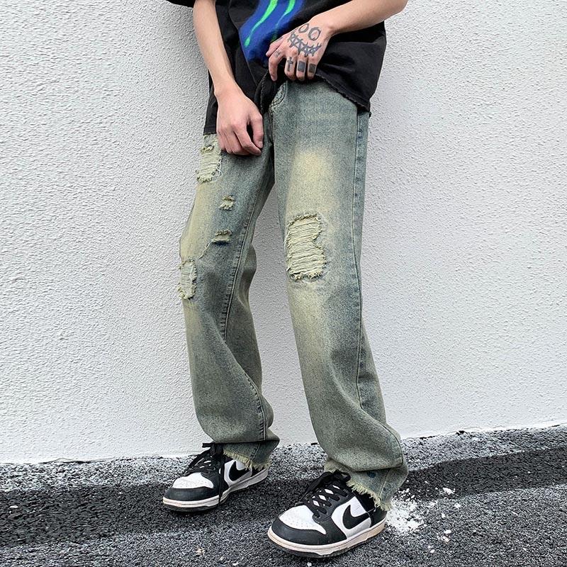

Men's Jeans Ripped Baggy Men Fashion Retro Casual Straight Streetwear Loose Hip Hop Holes Denim Pants Mens TrousersMen's, Blue-green