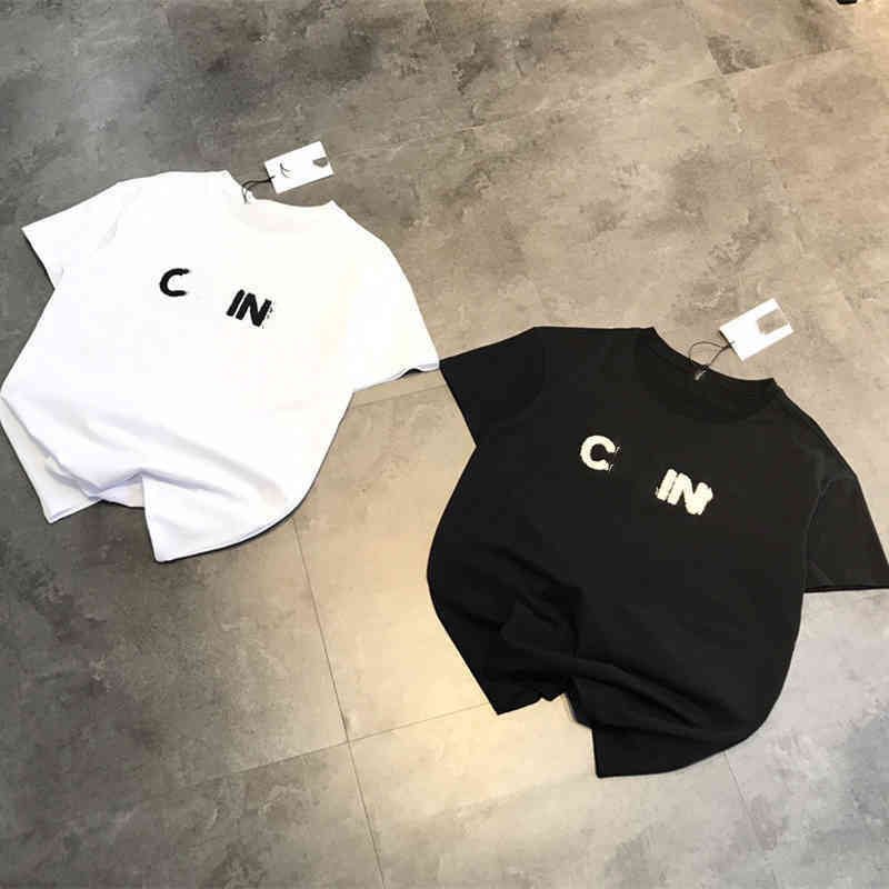 

75% Off Factory Direct Online 2022 spring and summer new fashion cel home pure cotton letter towel embroidered T-shirt simple and loose men and women lovers wear, Black