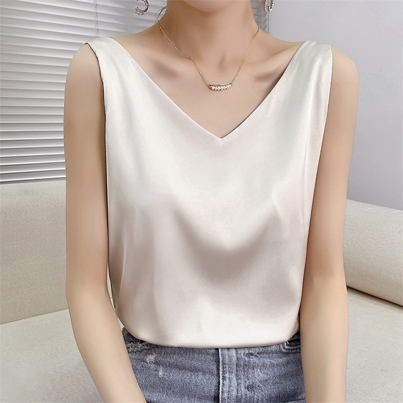 

Summer Shiny Satin Silk Tshirt Women Harajuku T Shirt Sleeveless Fashion T-shirt Woman Tee Tops Casual Female Luxury Sexy 220322, Two dark blue