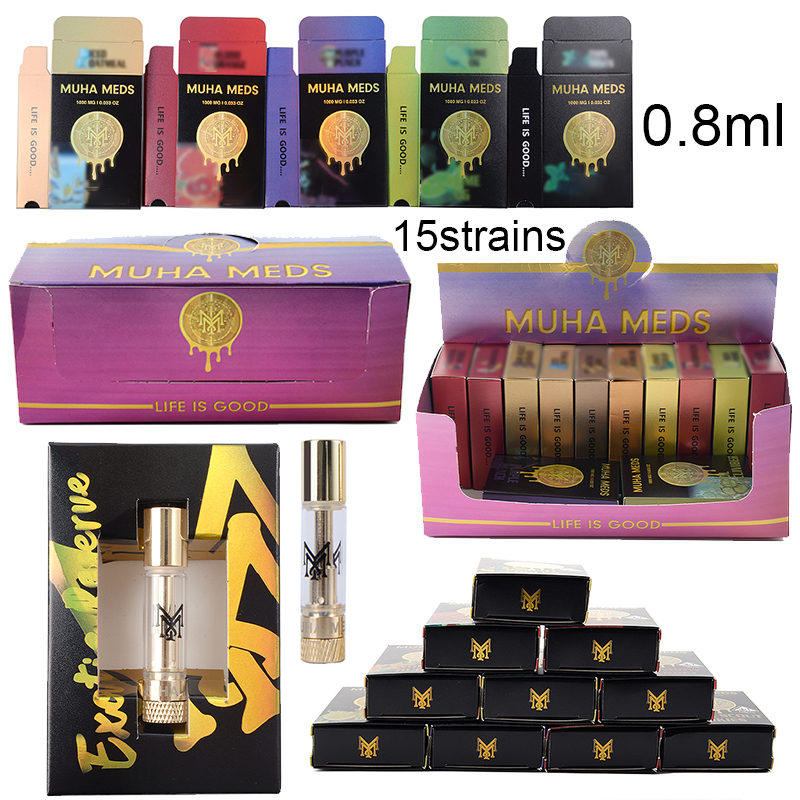 

MUHA MEDS Live Resin Vape Cartridges Newest Packaging 0.8ML Atomizers Empty Thick Oil Glass Tank Vapes Cartridge 510 Thread 15strains