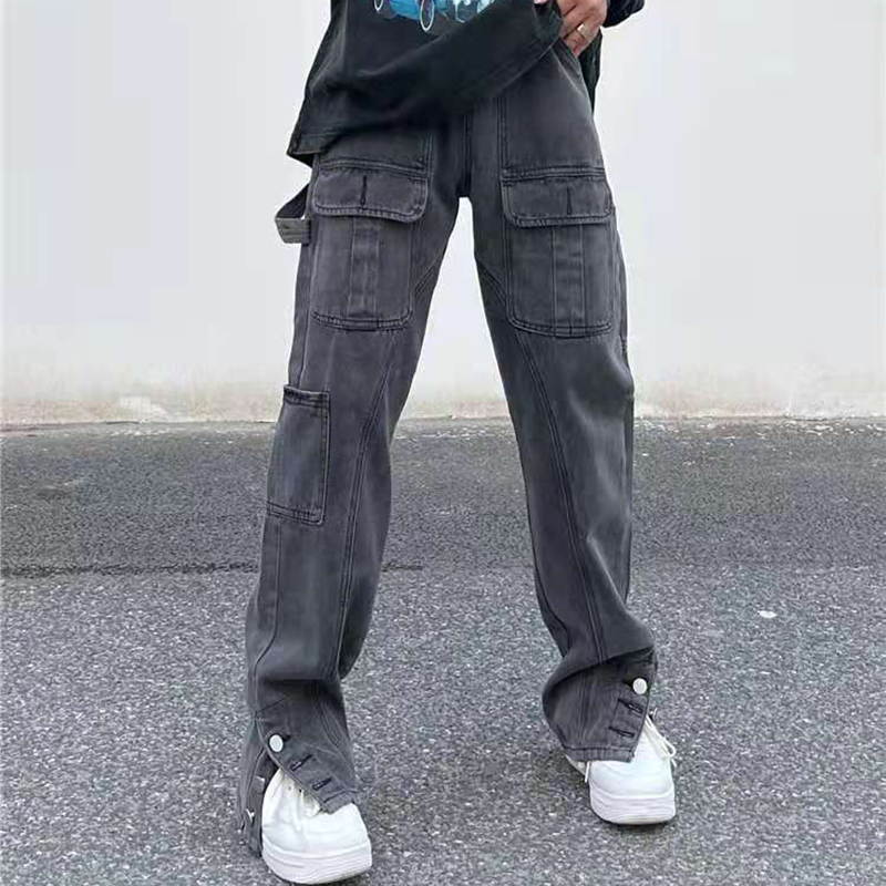 Jeans Trousers Men Women Style Ripped Casual Denim Pants Loose Oversize Multi-pockets Button Washed-image-760599953