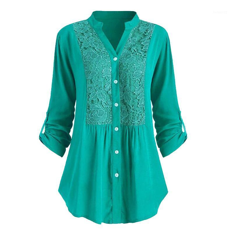 

Women' Blouses & Shirts Large Size Ladies Full Sleeve Long For Women Spring Autumn V Neck Single Breasted Lace Patchwork Shirt Elegant Fash, Green