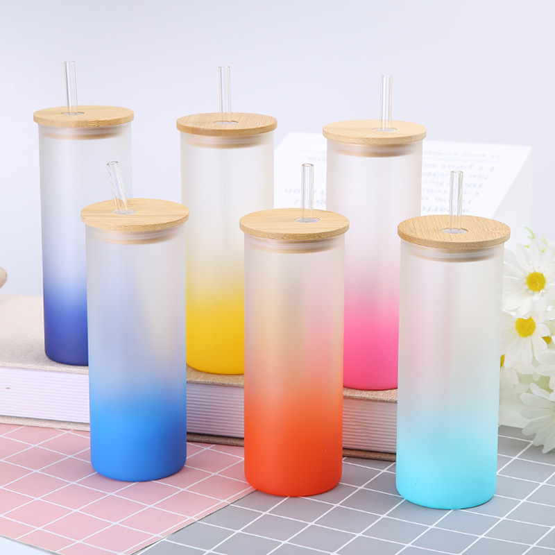 

16oz sublimation blanks gradient color frosted glass water bottle TUMBLER With bamboo Lid and plastic Straw, White