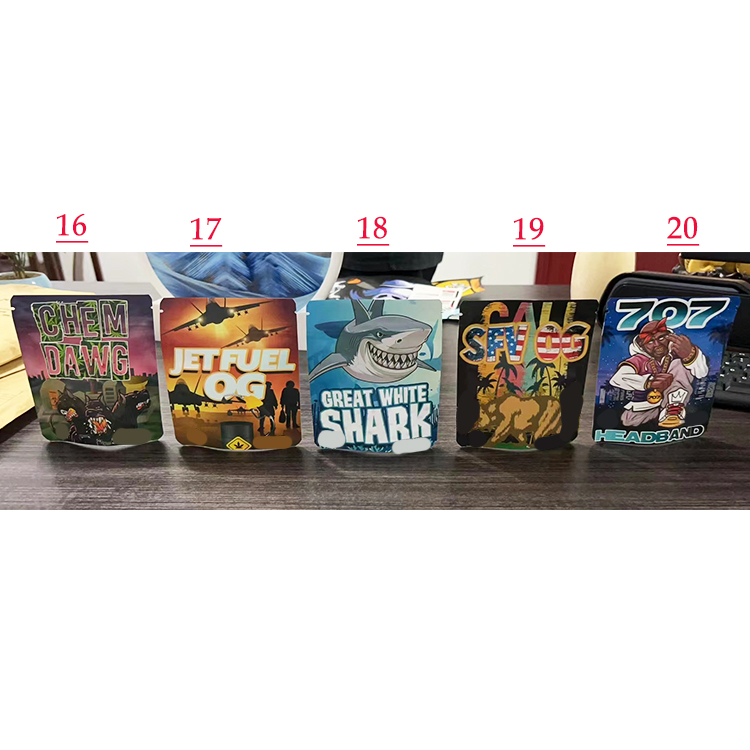 

Resealable plastic retail package Bags 3.5g bruce banner sweet tea pink rozay grape pie apple fritters venom og flower mylar bags Edibles Zipper Packaging Pouches