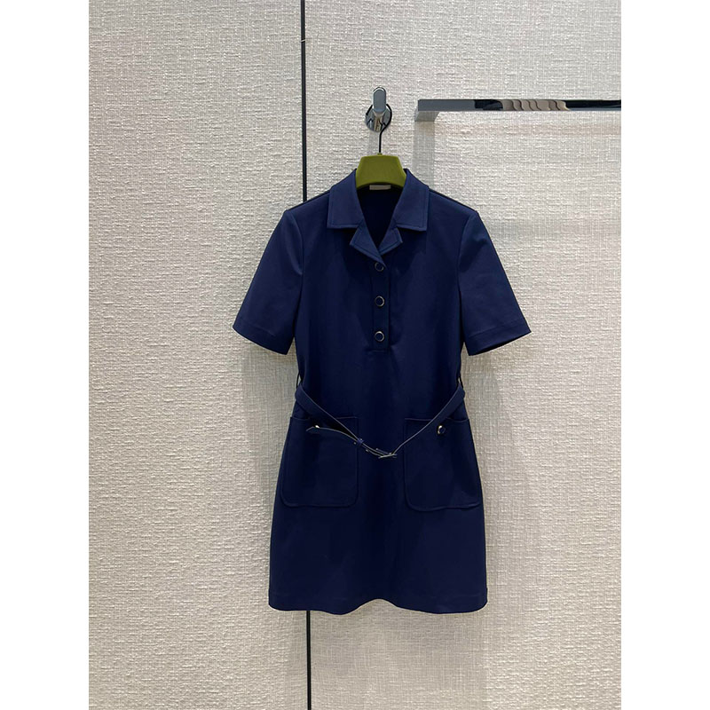 

Designer Summer Single-Breasted Lapel Dress With Belt Women Fashion Short Sleeve Casual Office Lady Short Dresses, Blue