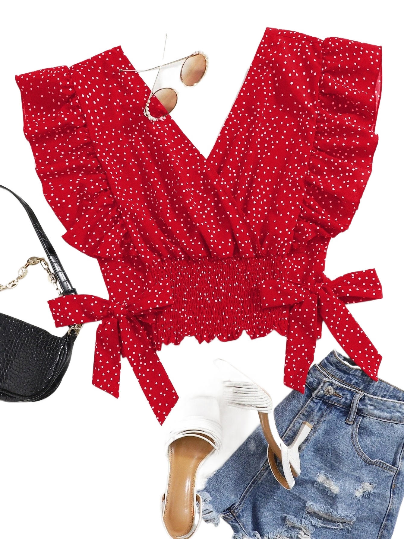 plus Ruffle Trim Knot Side Polka Dot Blouse f37u#-image-789605392