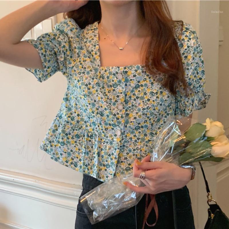 

Chic Floral Summer Sweet Square Collar Womens Chemisiers Et Blouses Femme Crop Top Female Blusas Mujer De Moda Fashion Brand INS Women, Green