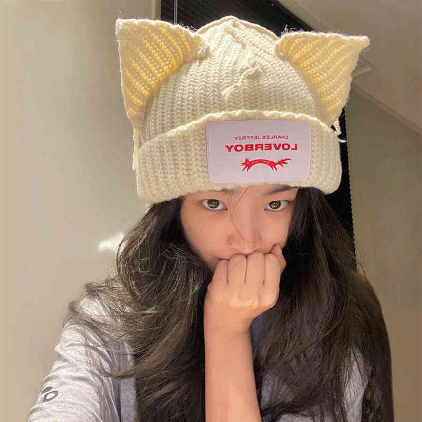 

Winter Homemade Minority Design Loverboy Cat Ear Wool Couple Hat Cold Female Autumn and Winter357a, Blue