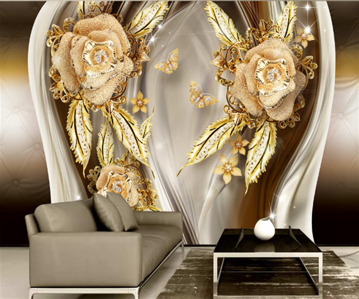 

Customized 3D any size wallpaper mural European and American style jewelry flower diamond soft pack background wall stickers, Gold