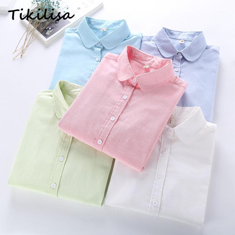 

Tikilisa Women Quality Long Sleeve Blouses Casual Tops BRAND Cotton Oxford Solid OFFICE White Woman Shirts Chemisier Blusas Women, Green