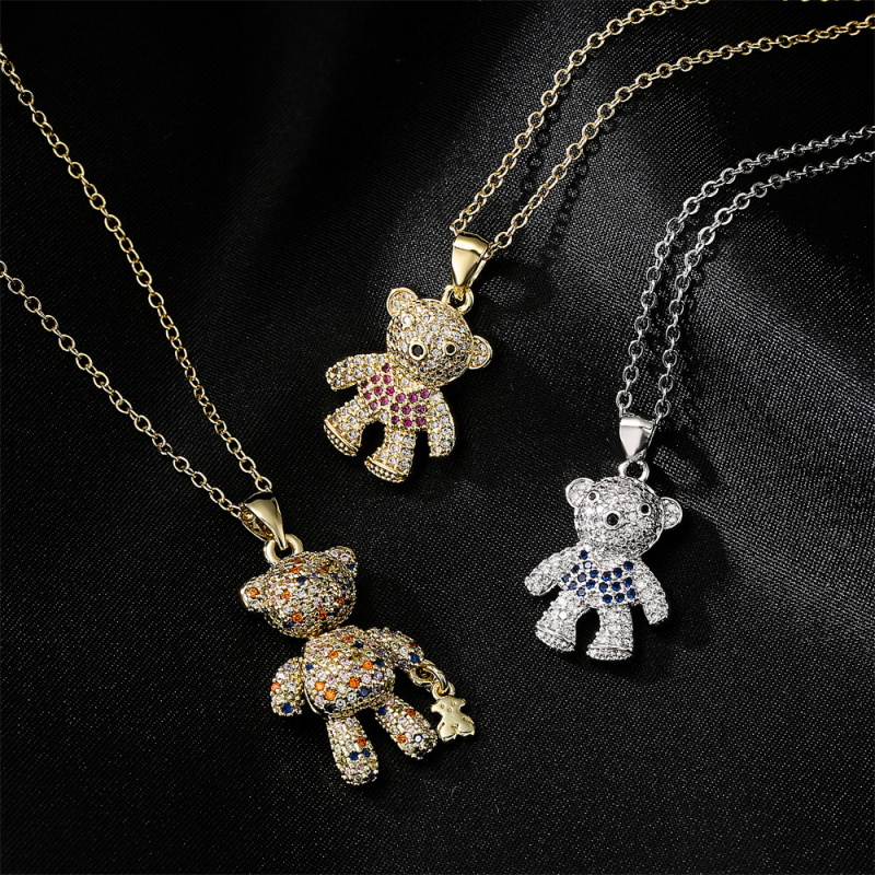 Gold Plated Cute CZ Micro Pave Copper Bear Pendant Necklace for Young Ladies Gift-image-757611798