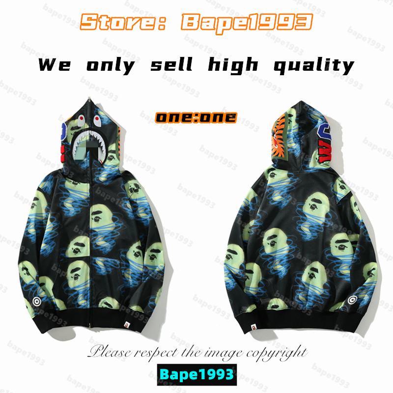 

High quality Apes Mens Hoodies & Sweatshirt Japan shark B ape head Galaxy spots luminous camo Male and female couples with the same model 100% cotton New hoodie 1993 KS2-6, 1 button