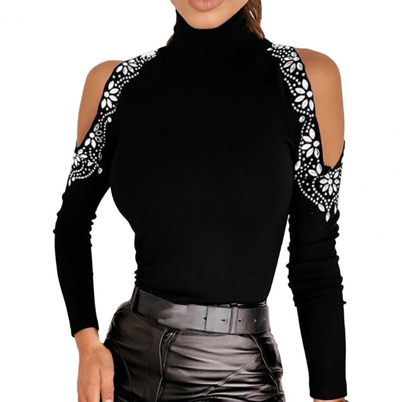 

Women's Polos Off Shouder Long Sleeve Women Blouse Autumn Turtleneck Floral Print Tunic Top StreetwearWomen's Women'sWomen's, Black