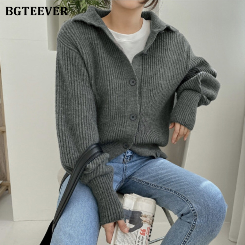 

Casual Turn-down Collar Single-breasted Women Knitted Open Stitch Autumn Winter Warm Loose Female Sweater Cardigan 2022, Gray