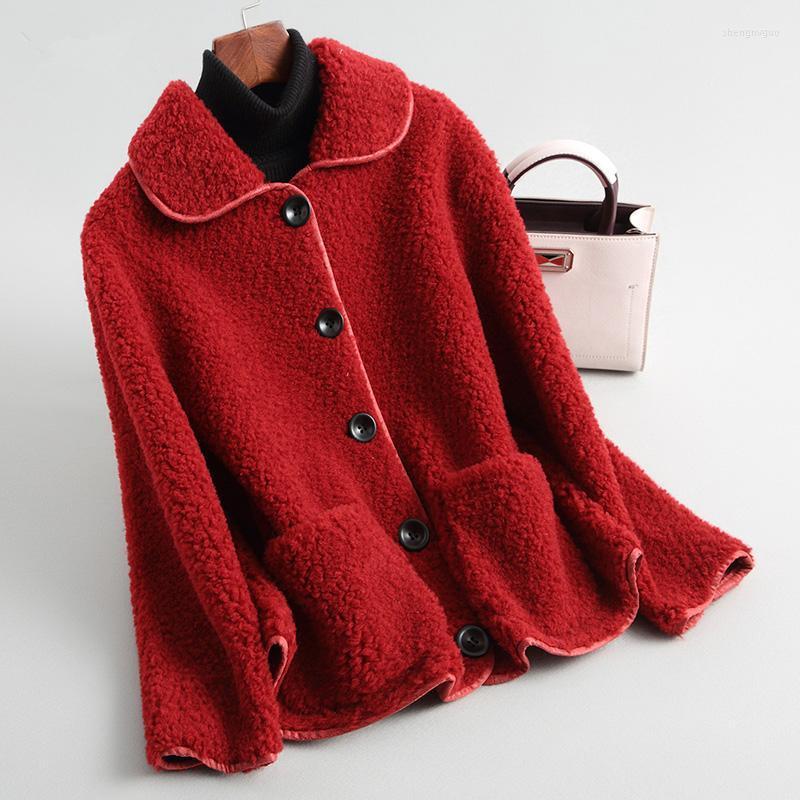 

Women' Fur & Faux 2022 Winter Autumn Lamb Wool Coats Jacket Korean Fashion Elegant Slim Short Solid Real Coat 19013 LW339, Red