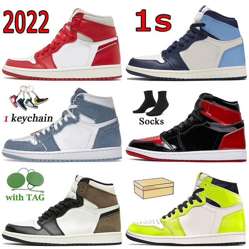 

2022 Fashion Newstalgia Chenille Denim 1s High Basketball Shoes With Box Patent Bred Jumpman 1 Cactus Jack Obsidian UNC Visionaire Women Mens Trainers Sneakers, A100 heritage 36-47