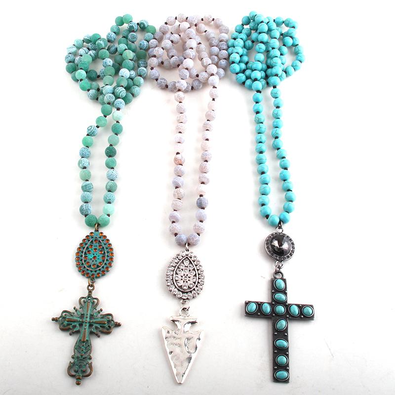 

Pendant Necklaces RH Fashion Beaded Necklace Stone Bead Long Knotted Metal Cross For Women Jewelry