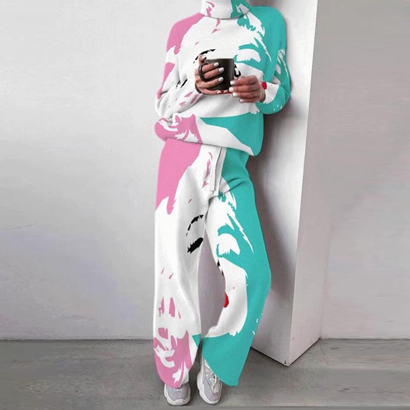 

Women' Two Piece Pants Autumn Winter Warm Suits Tracksuit Fashion Women Sets Long Sleeve Turtleneck Pullover+Print Lady Casual Outfit, 01 white