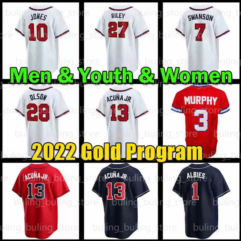 

Ronald Acuna Jr. Jersey Atlanta Chipper Jones Braves Ozzie Albies Gold Program Baseball Jerseys Austin Riley Dansby Swanson Matt Olson Dale Murphy Max Fried, Youth grey