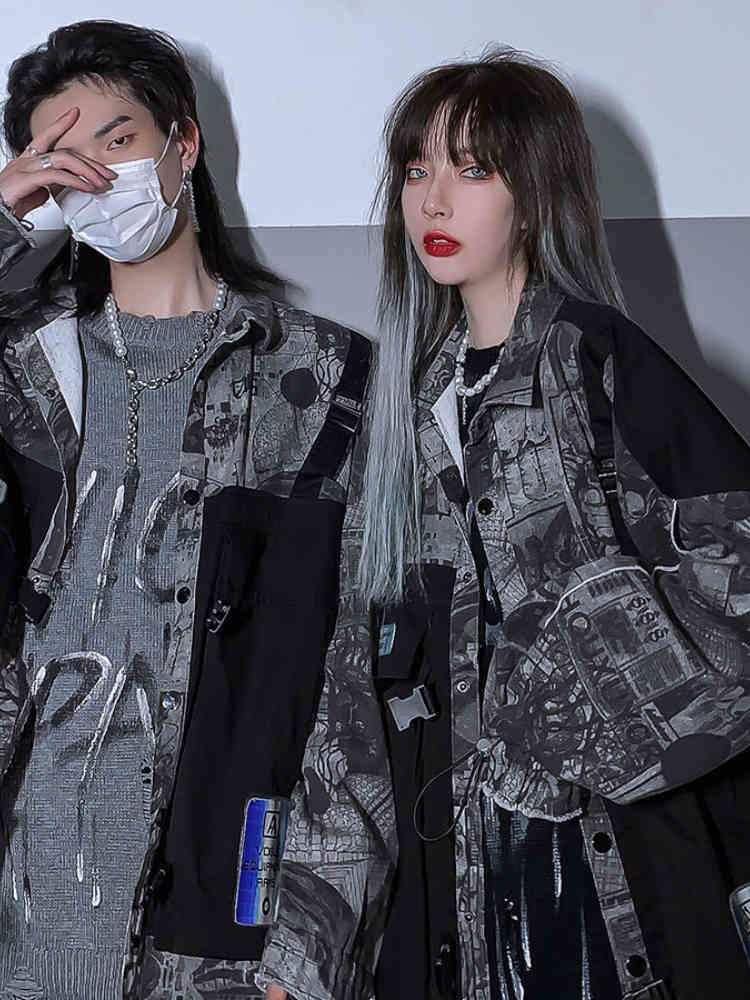 

High Street Denim Jacket Spring Splicing Workwear Men Couple Clothes Hip Hop Trend Wear Black Outerwear Coat