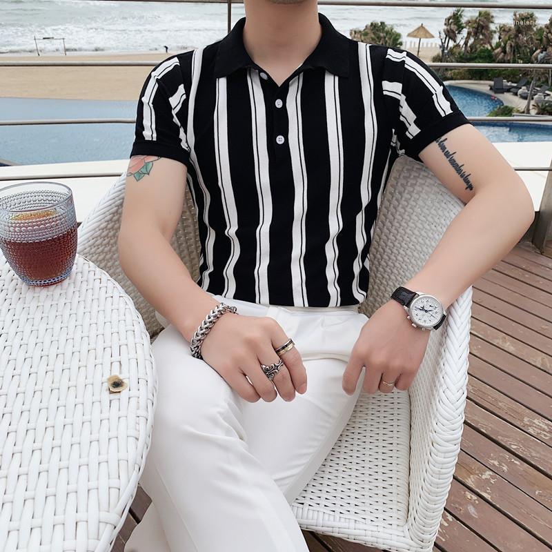 

Men's Polos Summer Men's Short-sleeved Knitted Shirts British Style Contrast Color Striped Slim Fit Tops Casual Business Men ShirtMen's, Black