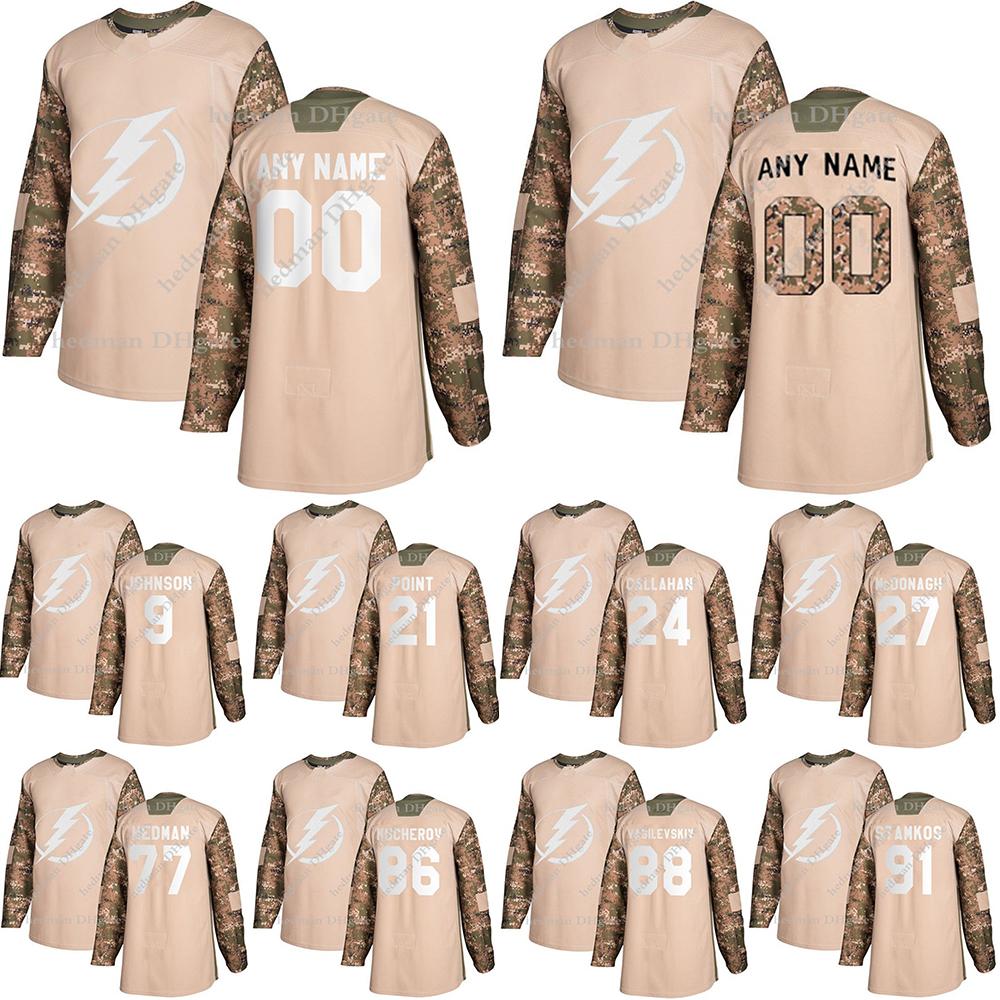 

Tampa Bay Lightning Camo Veterans Day Practice jerseys 91 Steven Stamkos 86 Kucherov 88 Vasilevskiy custom any number any name hockey jersey, Army green