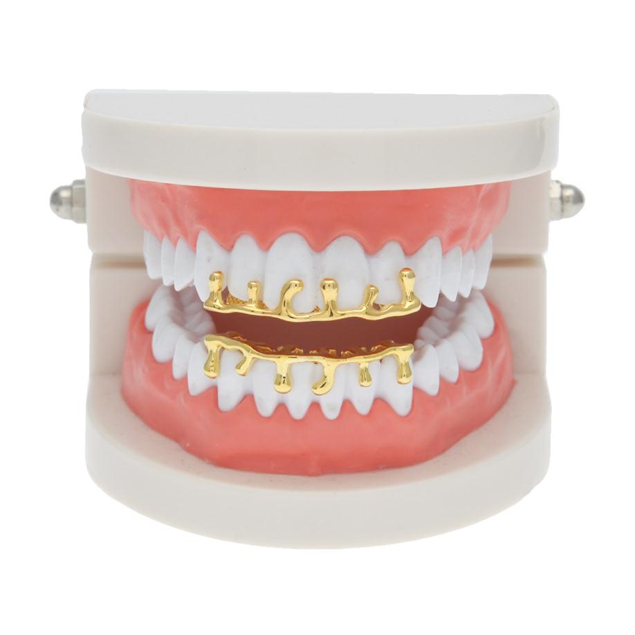 

Gold Silver Grillzs Single Tooth Grillz Cap Top & Bottom Grill Bling Custom Teeth Volcanic Rock Drop Shape Punk Hip Hop Jewelry189t