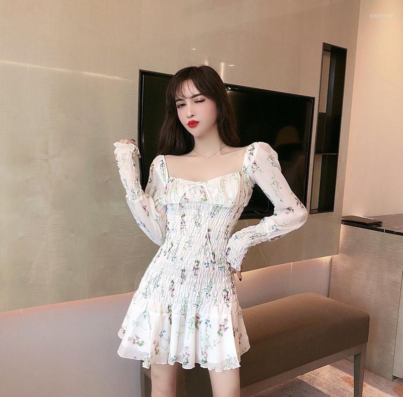

Casual Dresses Summer Fashion Fairy Chiffon Dress Long Puff Sleeve Square Collar Sexy Mini Holiday Floral Printed Slim Beach Sea, Pink