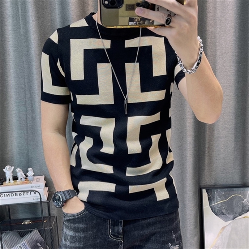 

3 Color Short Sleeve Knitting T-Shirt Men Slim Streetwear Color Contrast T Shirt Men Tee Shirt Homme Social Club Outfits Tshirt 220407, Black 09